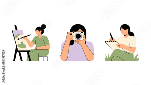 Illustration of woman engaged in the arts, capturing painting, photography and drawing activities.