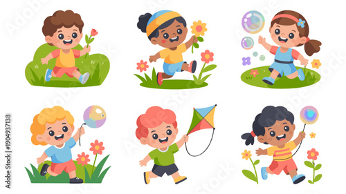 Six happy children enjoying outdoor play with flowers, bubbles, and a kite.