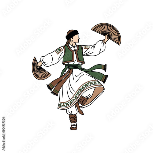 A woman in traditional dress dances with fans in her hands outdoors in daytime