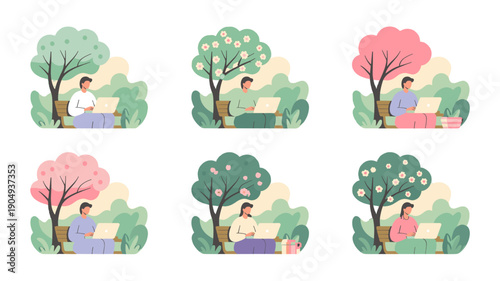 Working in the park on laptop. 