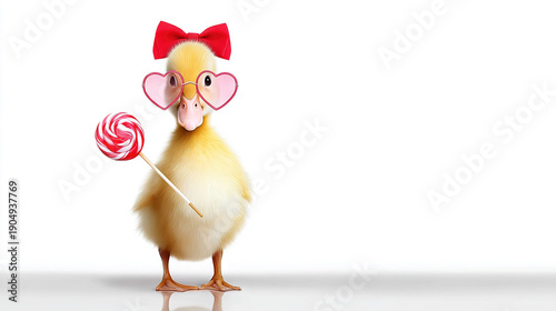 Cute Duckling with Heart Glasses and Red Candy
