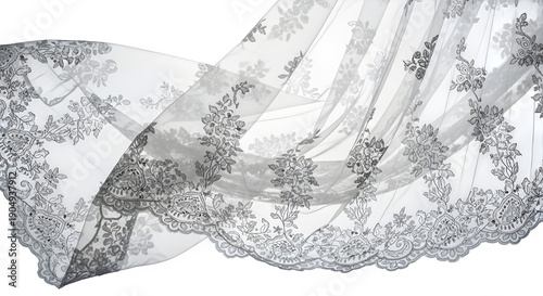 Sheer white lace fabric curtain blowing in the wind with floral embroidery detail isolated on transparent background