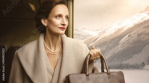 Elegant woman in vintage attire holding a handbag with mountain landscape background