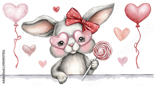 Cute Bunny Holding a Lollipop with Heart Glasses