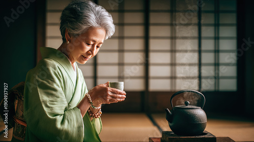 Elderly woman enjoying tea in a traditional setting