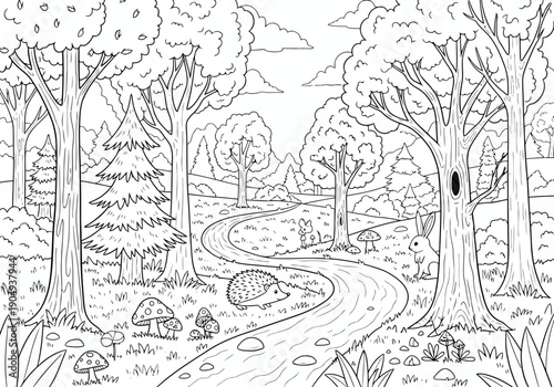 Kids coloring book A serene forest landscape with a winding path and trees in a black and white illustration