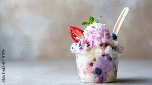 Colorful soft serve ice cream with berries and mint garnish