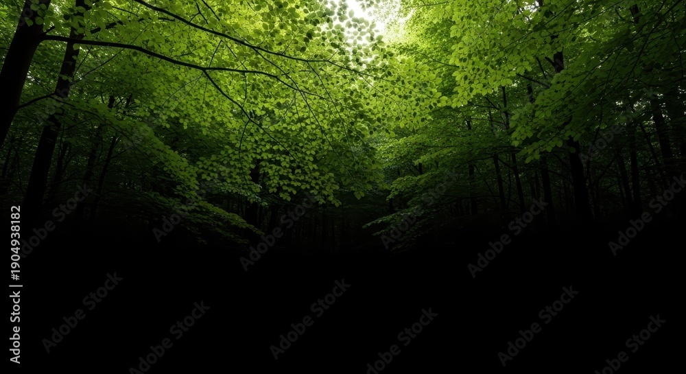 Naklejka premium A bright, sunny day illuminating a dense forest canopy. Sunlight filters through the green leaves, creating a peaceful woodland atmosphere, trees, green, environment