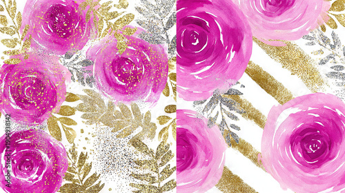 Watercolor floral pattern with gold glitter accents
