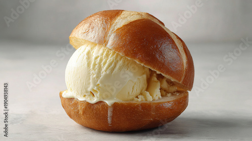 Half a Soft Bread Bun Filled with Vanilla Ice Cream