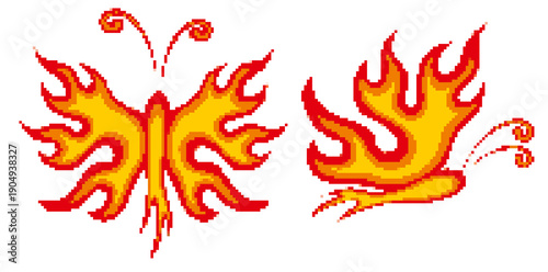 Set pixel symbols of fiery butterflies.