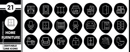 Modern Set of 21 Home Furniture Icons with Black Blob Backgrounds for Web and App Design