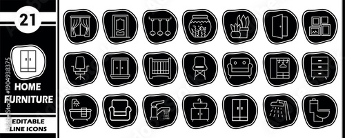 21 Editable Outline Icons of Home Furniture and Fixtures Presented on Black Background Shapes
