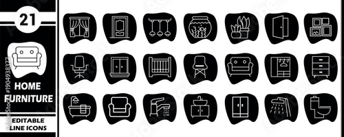 Collection of 21 Home Furniture and Interior Icons with Black Blob Backgrounds for Decorative Use