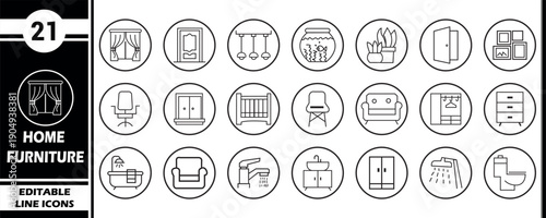 Set of 21 Clean Line Icons Representing Home Furniture and Interior Design Elements for Modern Living Spaces