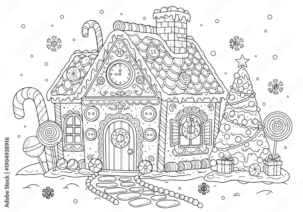 Obraz premium Kids coloring book A festive holiday scene featuring a gingerbread house with candy and a Christmas tree