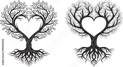 Two Heart-Shaped Trees with Intricate Roots and Leafy Branches, Symbolizing Love and Life
