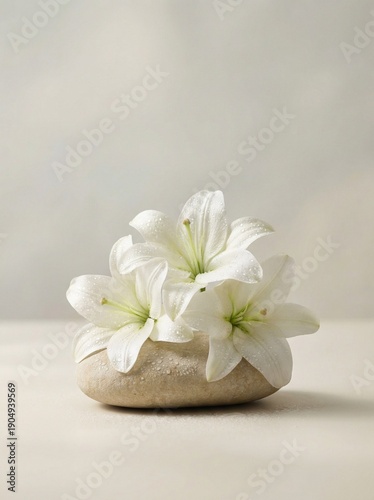 White lilies arranged on smooth stone with neutral background  