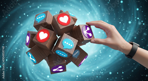 Hand placing wooden block with social media icon into floating cubes