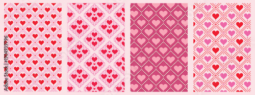 decorative heart motif pattern collection with repeating geometric layouts and textured details for romantic backgrounds textiles wrapping paper and surface design use