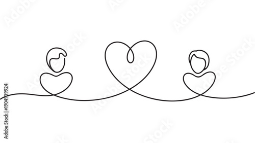 Minimalist Line Art Couple with Heart Torso Continuous Vector