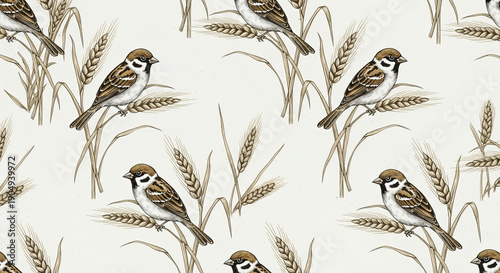 Charming sparrows perched on wheat stalks in seamless pattern