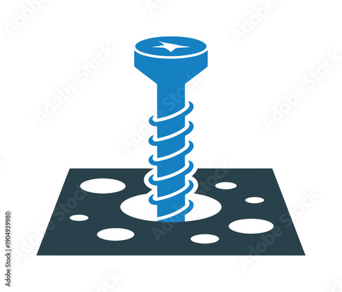 Blue vector screw tightly fastened into a perforated gray surface