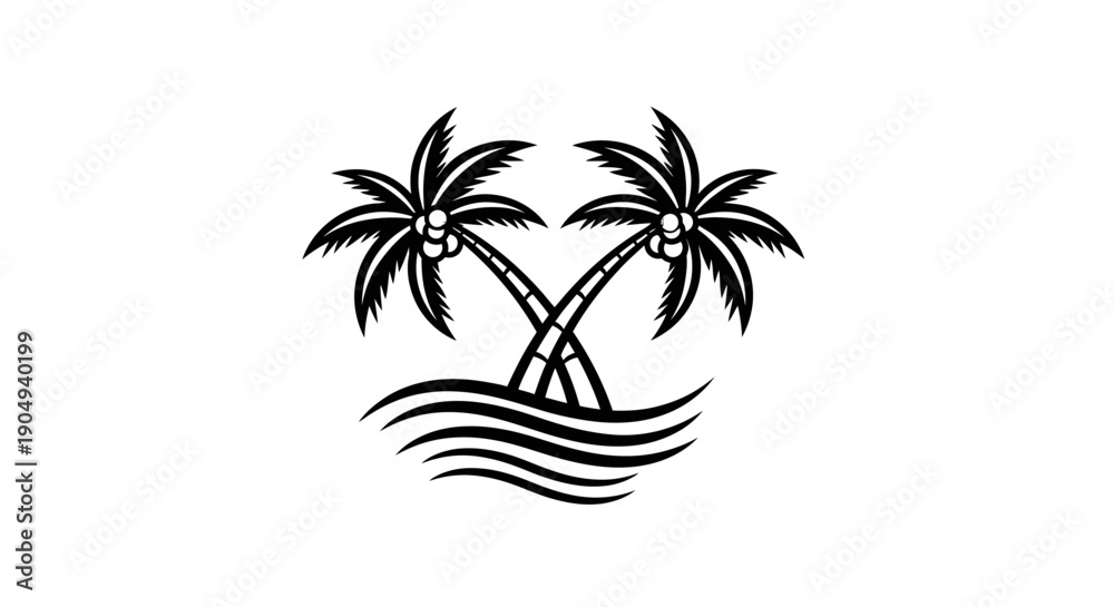 Fototapeta premium Two Tropical Palm Trees with Ocean Waves, Isolated White Background