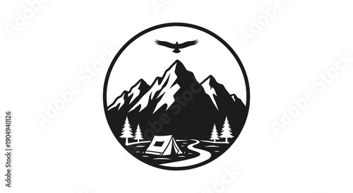 Wilderness Camping with Mountain Forest River Tent and Flying Eagle Silhouette in Circle Frame on Isolated White Background