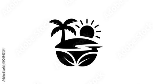 Tropical island with palm tree, sun, and organic leaves, isolated white background.