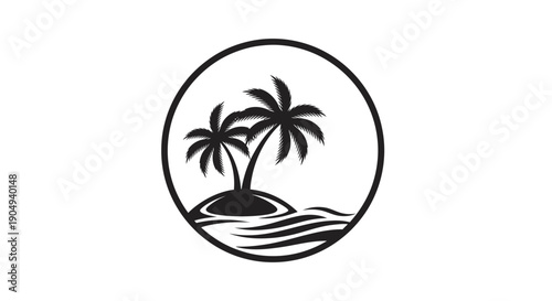 Serene tropical island with two palm trees and waves in circle, isolated white background.