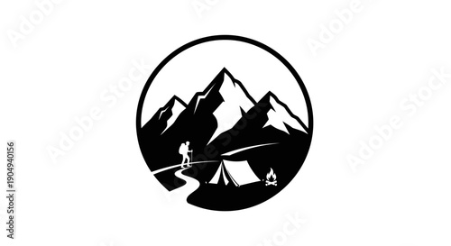 Mountain Camping and Hiker Silhouette with Tent and Campfire in Circle Frame on Isolated White Background