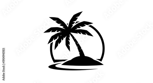 Single palm tree on a small island in circle, isolated white background.