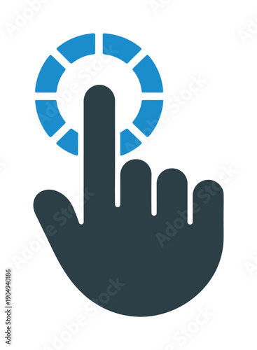 Dark vector hand pressing a blue circular button against a white background.