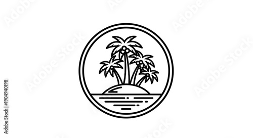 Outline tropical island with three palm trees and waves in circle, isolated white background.