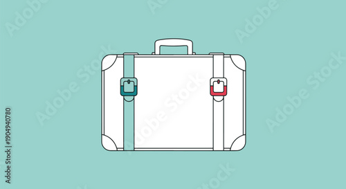 White Suitcase with Latches and Handle on Turquoise Background.