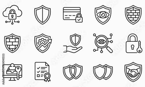 Set of security icons featuring shields and locks for protection