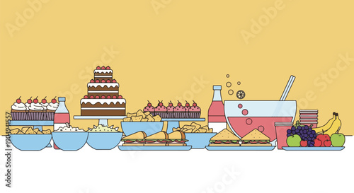 Dessert buffet with cakes fruits and sweets on yellow background.
