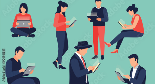 Diverse people reading and working on digital devices.