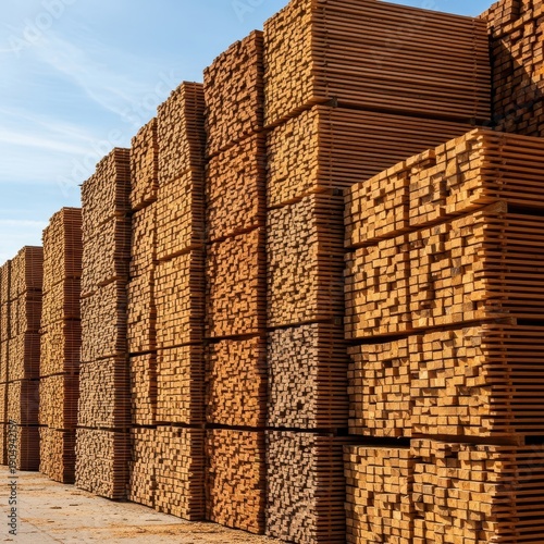 Huge organized piles of freshly milled and treated wood planks stacked high at a large commercial lumber storage facility yard, commercial, storage, volume