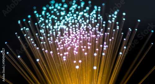 Vibrant fiber optic cables emitting colorful glowing light