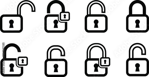 A collection of eight black and white line art padlock icons, illustrating both open and closed states for security and access concepts.