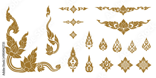Thai Decoration Element Collection Featuring Traditional Kanok Patterns, Lotus Motifs, Floral Icons, and Elegant Ornamental Borders for Luxury Branding, Packaging Design, Invitation Layouts
