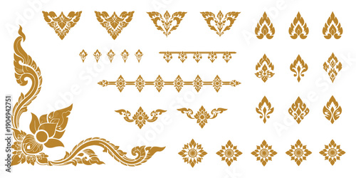 Thai Decoration Element Collection Featuring Traditional Kanok Patterns, Lotus Motifs, Floral Icons, and Elegant Ornamental Borders for Luxury Branding, Packaging Design, Invitation Layouts