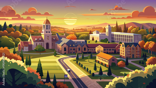 Very beautiful drone sunrise over Princeton, New Jersey, capturing warm light across historic university buildings, tree-lined streets, and the calm rhythm of an academic town awakening.