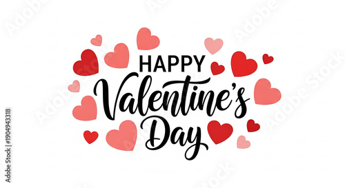 Happy Valentine's Day with red and pink hearts on white background