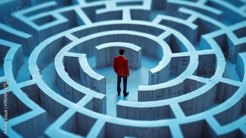 Person in red jacket standing inside a complex maze representing challenges and decision-making in life and business situations