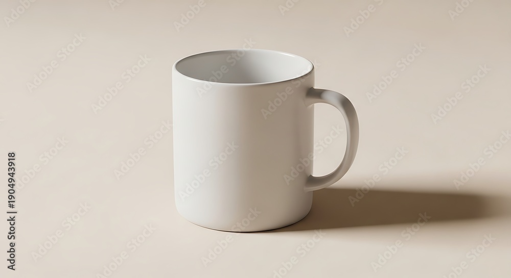Fototapeta premium White ceramic mug with handle on beige background surface