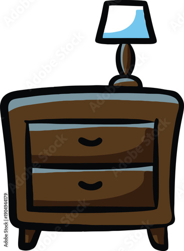 Brown nightstand with two drawers and a lamp on dresser furniture
