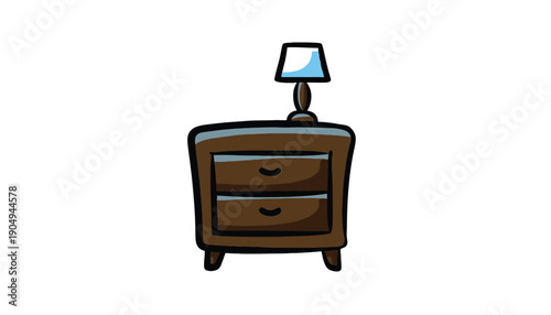 Brown nightstand with a lamp on a white background